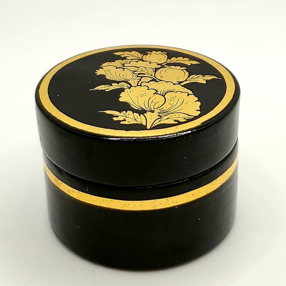 Vintage Black Lacquerware Trinket Box w Gold Floral Design Lid